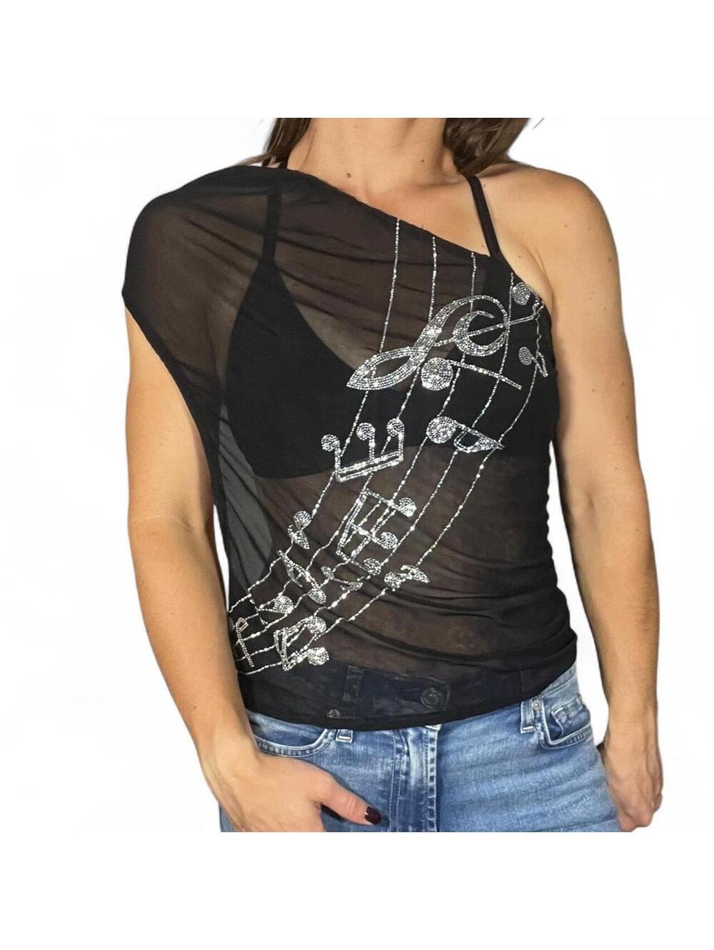 Sheer Musical Note Top with Open Tie Side Size Medium